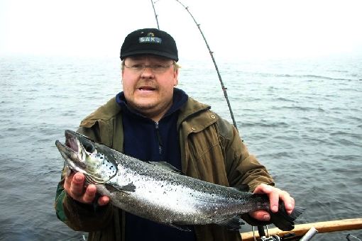 This landlocked salmon struck a baitfish rig trolled just below the surface in the Judinsalonselkä mid-lake area of Lake Päijänne in late May.