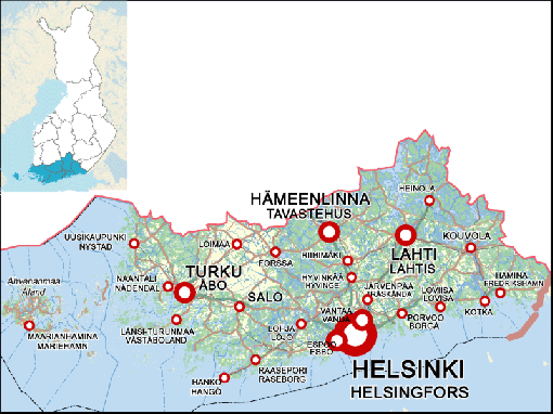 Map of Southern Finland and Archipelago.